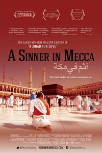 "A Sinner In Mecca" film poster, showing Mecca with a red background  overlay