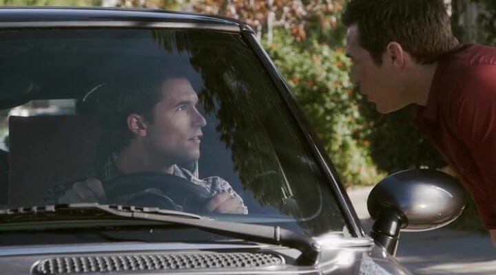 Still from "The 10 Year Plan" - Myles is trying to drive away, but Brody stops him to finally confess his feelings