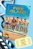 Film poster for queer series “Fire Island” with a teal 0.5 rating banner on poster, displayed on a blue background with a movie clapperboard and film reel on the left side. A yellow ticket stub in the lower right corner reads "NEW Queer Film Review".