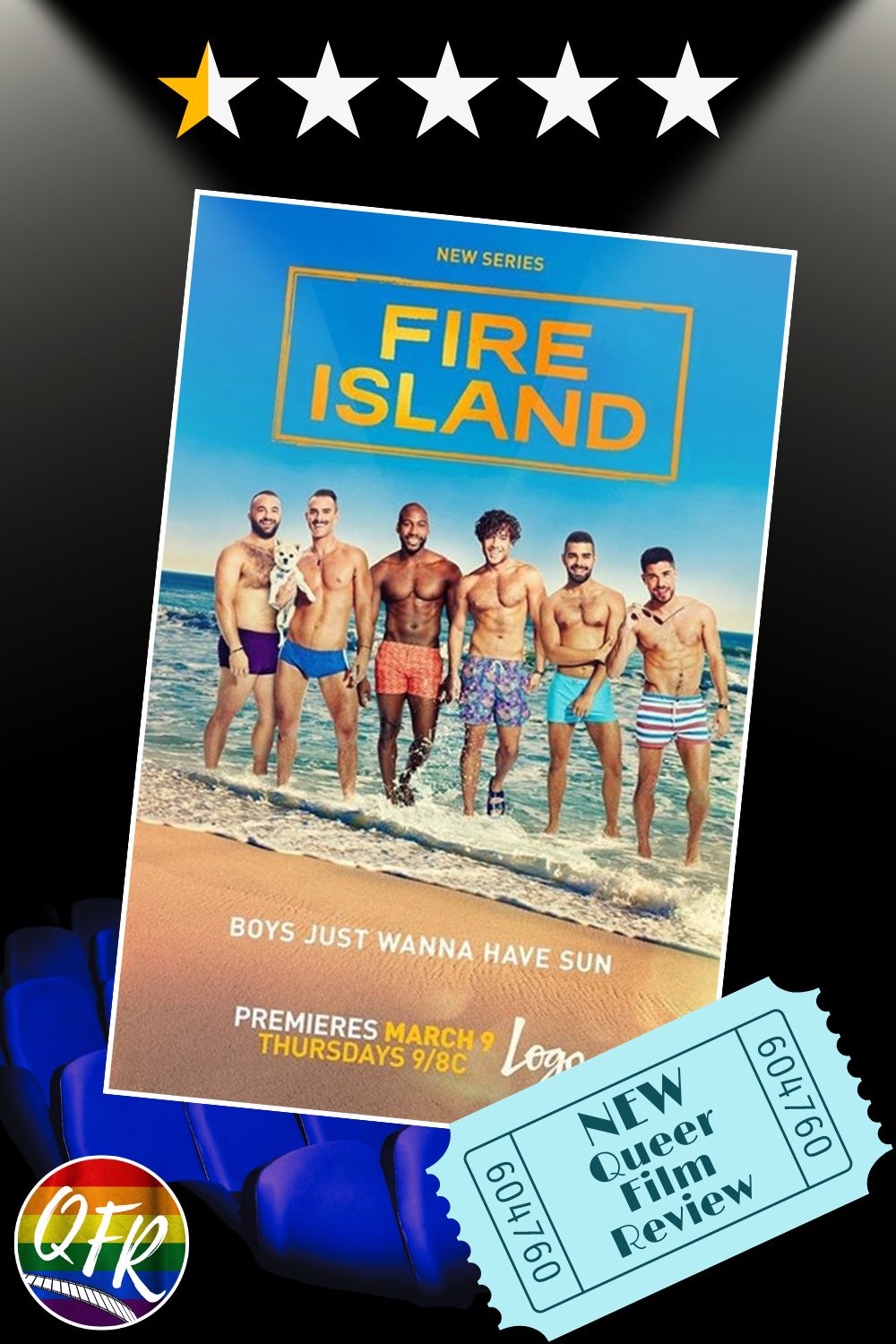 Film poster for queer series “Fire Island, displayed on a black background with a blue theatre seats along the bottom. 0.5 out of five stars are highlighted along the top for a 0.5/5.0 rating. A teal ticket stub in the lower right corner reads "NEW Queer Film Review".
