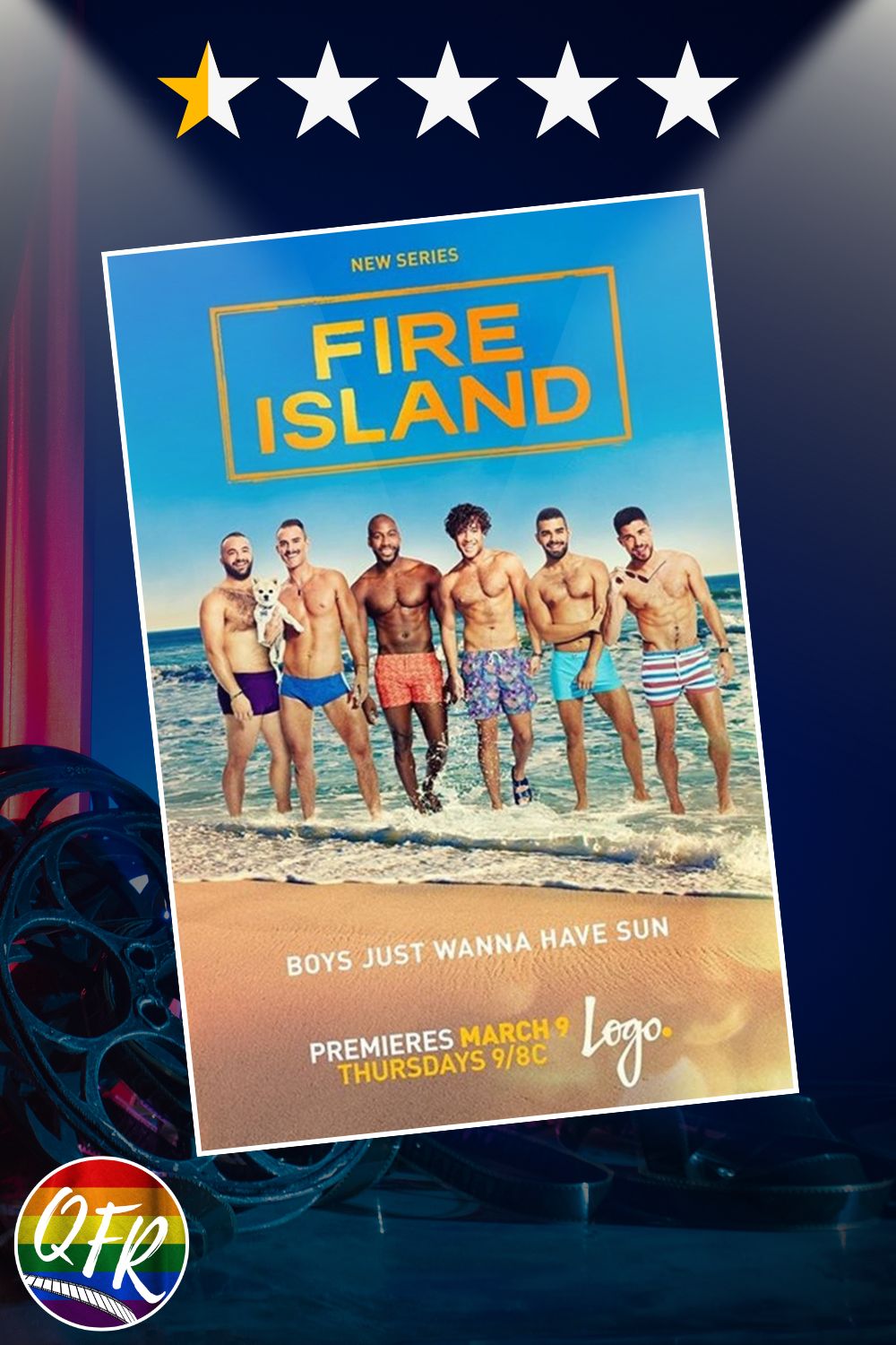 Film poster for queer series “Fire Island”, displayed on a dark blue background with movie film reels on the bottom left. 0.5 out of five stars are highlighted along the top for a 0.5/5.0 rating.