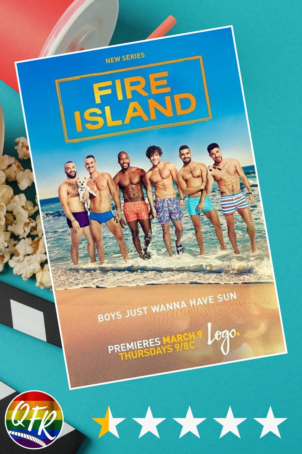 Film poster for queer series “Fire Island”, displayed on a teal background with a movie clapperboard, popcorn, and a cup on the left side. 0.5 out of five stars are highlighted along the bottom for a 0.5/5.0 rating.
