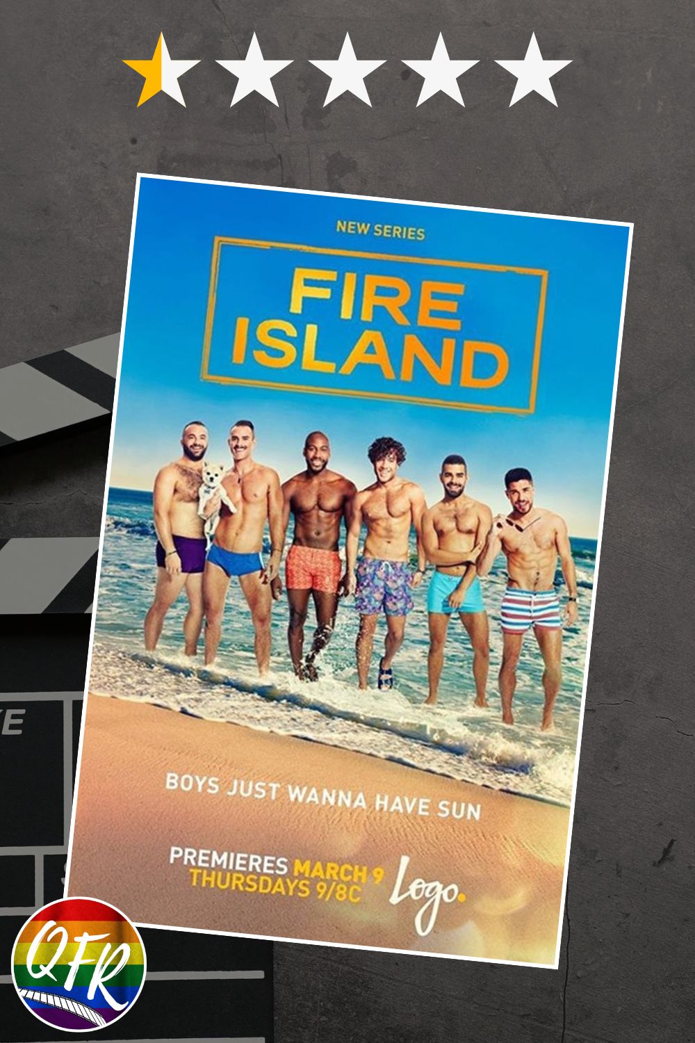 Film poster for queer series “Fire Island”, displayed on a grey background with a movie clapperboard on the left side. 0.5 out of five stars are highlighted along the top for a 0.5/5.0 rating.