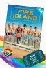Film poster for queer series “Fire Island” with a teal 0.5 rating banner on poster, displayed on a creme background with a watercolor rainbow along the bottom. A dark teal ticket stub reads "NEW Queer Film Review".