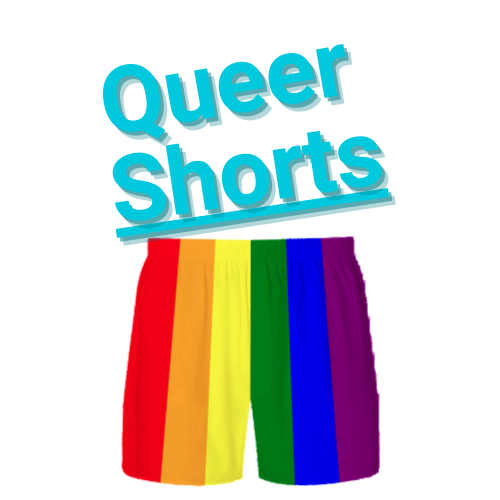 Queer Shorts Logo - "Queer Shorts" in teal above a rainbow striped pair of boxer shorts