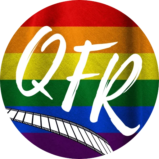 QFR Logo - circular logo with "QFR" above a film strip, all white, with a rainbow flag background