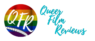 QFR Logo - circular logo with "QFR" above a film strip, all white, with a rainbow flag background, "Queer Film Reviews" text in teal