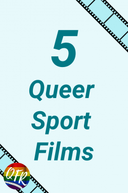 "5 Queer Sport Films" on teal background, with film strip corners