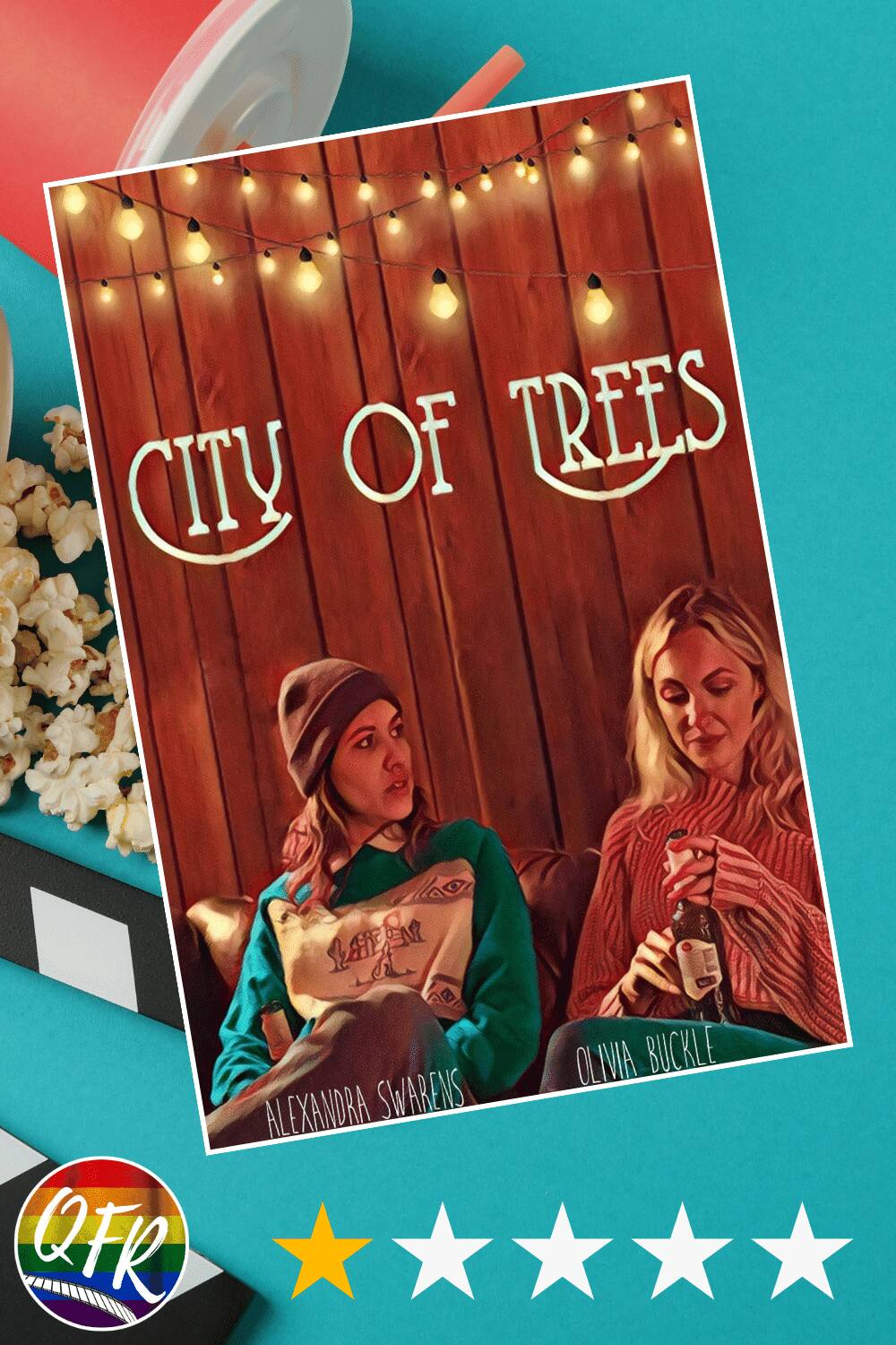 Film poster for queer film “City of Trees”, displayed on a teal background with a movie clapperboard, popcorn, and a cup on the left side. One out of five stars are highlighted along the bottom for a 1.0/5.0 rating.
