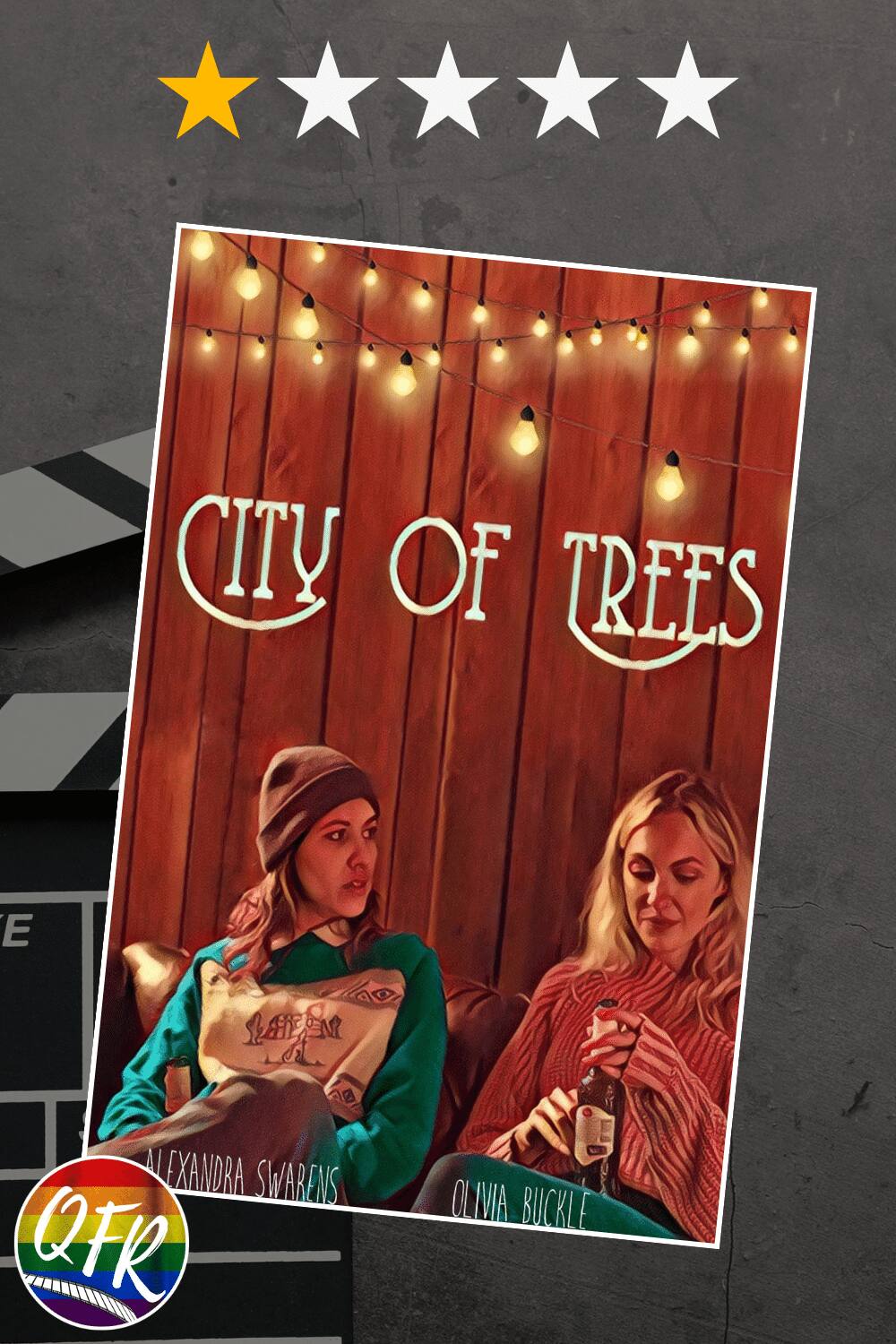 Film poster for queer film “City of Trees”, displayed on a grey background with a movie clapperboard on the left side. One out of five stars are highlighted along the top for a 1.0/5.0 rating.