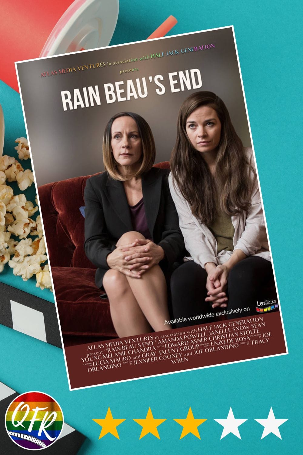 Film poster for queer film “Rain Beau's End”, displayed on a teal background with a movie clapperboard, popcorn, and a cup on the left side. 3 out of five stars are highlighted along the bottom for a 3.0/5.0 rating.