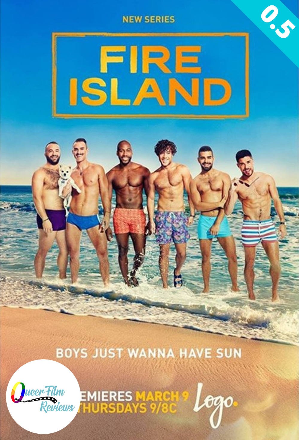 Film poster for queer series "Fire Island", with teal rating banner showing "0.5" in upper right corner