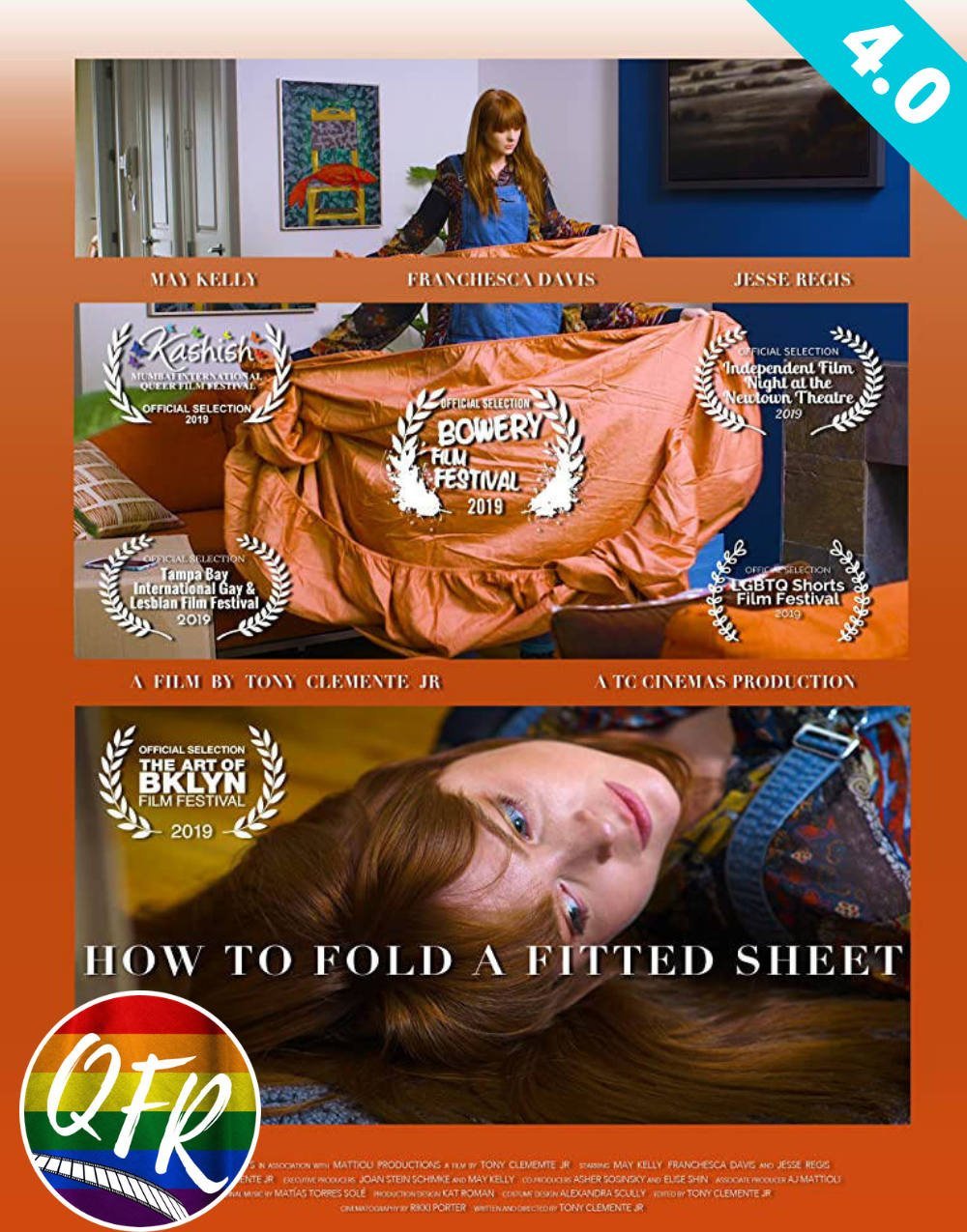 Film poster for "How To Fold A Fitted Sheet", with teal rating banner showing "4.0" in upper right corner