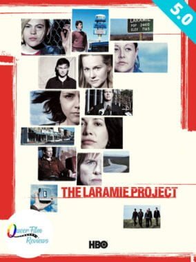 Film poster for "The Laramie Project", with teal rating banner showing "5.0" in upper right corner