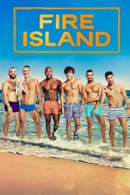 The queer tv series poster for Logo's "Fire Island", showing the six gay guys shirtless walking along the beach.